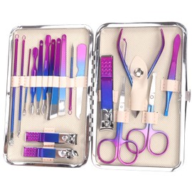 Rustark 18Pcs Rainbow Manicure Pedicure Kit Professional Stainless Steel Nail Care Set Includes Nail Clippers Manicure Tools Travel Case for Nail Manicure Trimming Grooming for Travel or Home