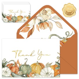 FYSUIMU 50 Pack Fall Thank You Cards Boxed Floral Pumpkin Greeting Cards with Envelopes Stickers Glue Stick Autumn Blank Note Card for Thanksgiving Harvest Party Supplies, 4 x 6 Inch