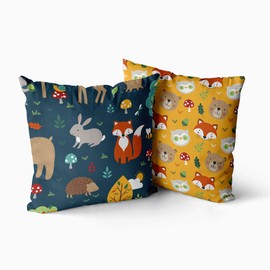 Happy Linen Company Girls Boys Kids Woodland Friends Animals Navy Blue Square 43cm x 43cm Reversible Cushion Covers
