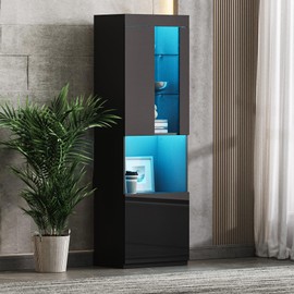 Merax High Gloss Storage Cabinet with LED Lights, 67" Tall Pantry Cabinet with Acrylic Door, Modern Bookcase & Display Cabinet with Open Countertop and Tempered Glass Shelves for Living Room, Black