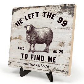 He Left the 99 to Rescue Me Christian Desk Sign – Jesus and Lost Sheep Wooden Plaque, Table Decor for Home, Office or Prayer Room 5.9x5.9inch (MATTHOW 18:12-14)