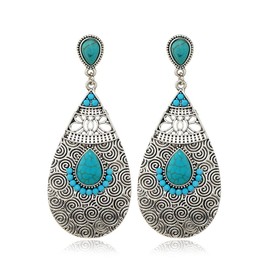 Boho Turquoise Big Teardrop Dangle Earrings for Women Silver Tone Bohemian Tribal Totem Blue Birthstone Statement Drop Dangling Stud Earring Vintage Indian Bollywood Holiday Birthday Jewelry Gifts