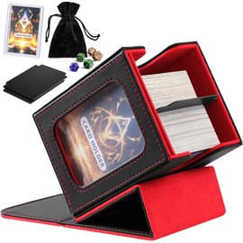 CardNovux Card Deck Box with Commander Display, Storage Box Holds 100+ Double Sleeved Cards, Game & Sports Case with 2 Dividers, 1 Top Loader and 1 Dice Bag (Red)