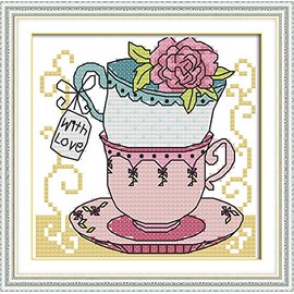 Howie's Needlepoint Cross Stitch Kits, 11CT Pre-Printed Pattern Needlepoint Kits, Full Range of Stamped Starter Kits (Teacup Two, 7.1 x 7.1 Inch)