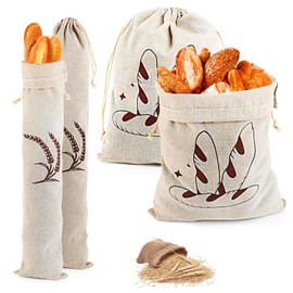hllonn 4-Pack Linen Bread Bags for Homemade Bread - Unbleached, Reusable Storage and Bakery Bag Set - Includes Two Large (15.7" x 11.8") and Two Baguette Bags (26.4" x 5.9")