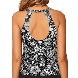 Tempt Me Black White Floral High Neck Tankini Top Backless Bathing Suit Tops for Women Swimsuit Top Key Hole Swim Top Only M