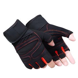 JZS Workout Gloves with Wrist Wraps, Full Palm Protection Gym Glove for Men, Weightlifting & Fitness,Red-Black
