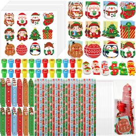 Zhanmai 336 Pcs Bulk Christmas Gifts for Classroom Students Prizes School Christmas Party Favors Assortment Christmas Mini Notebooks Pencils Stickers Stamps Bags for Exchange Gifts Goodies Fillers