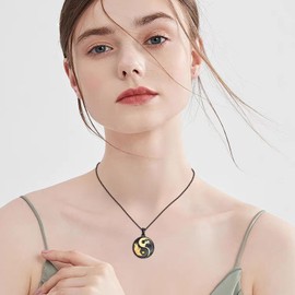 AXELUNA Yin Yang Necklace 925 Silver Black and Gold Ocean Wave Necklace Yin Yang Pendant Jewellery Gifts for Women Men, Regular, Sterling Silver, No Gemstone