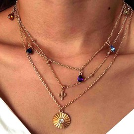 Erimberate Bohemian Sunburst Coin Pendant Necklace Gold Cactus Necklace Layered Waterdrop Crystal Necklace Choker Vintage Satellite Chain Necklace Jewelry for Woman and Girls