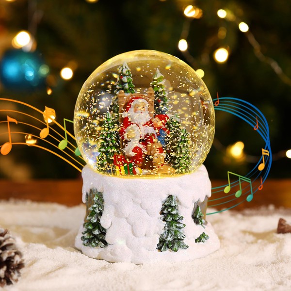 Lewondr Christmas Snow Globe, Santa Claus Christmas Music Box with