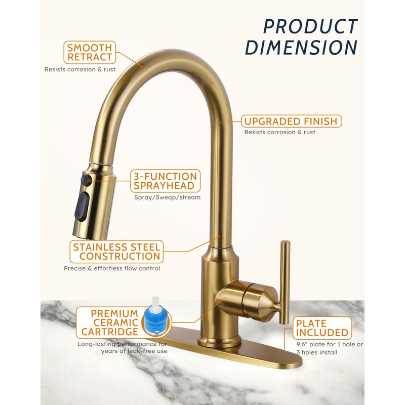 WOWOW Kitchen Faucets with Pull Down Sprayer, Gold Kitchen Faucet