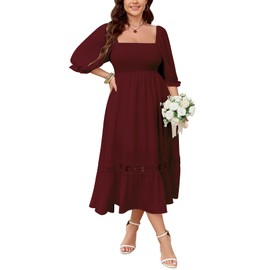 SCOMCHIC Women's Plus Size Maxi Dress Short Sleeve Square Neck Smocked Flowy A-Line Lace Trim Boho Wedding Guest Dresses Burgundy