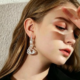 Sterling Silver Swan Drop Dangle Earrings for Women - Hypoallergenic Sparkling Cubic Zirconia Swan-Shaped Earrings for Mom Wife Friends