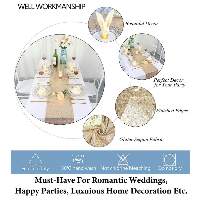 DUOBAO Champagne Gold Sequin Table Runner 12x72-Inch Sequin Table Runner