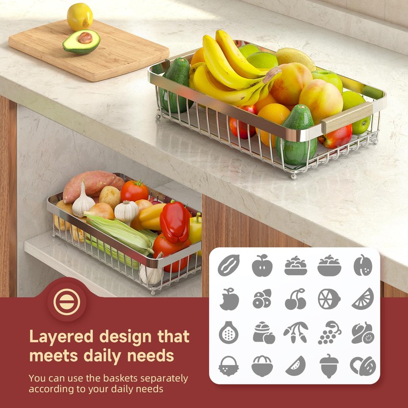 Sevenblue 2 Tier Large Fruit Basket for Kitchen Counter with