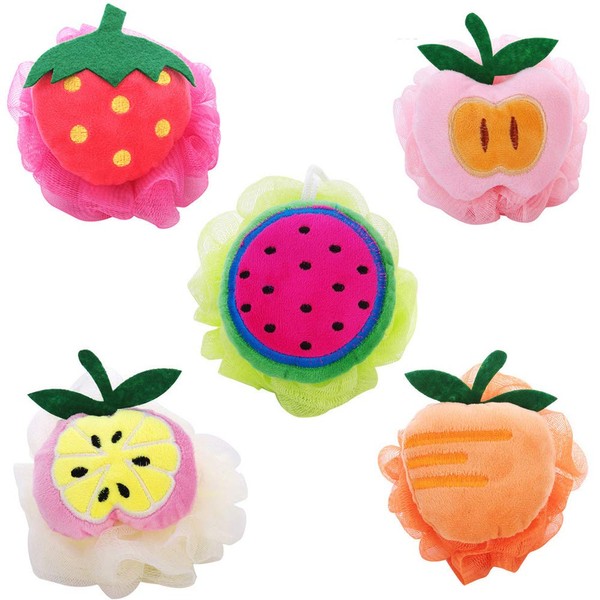 Kaxich Pack of 5 Bath Sponge Bath Ball Fruit Shape Soap Sponge Shower Sponge Massage Sponge for Children and Adults