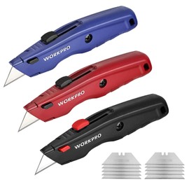 WORKPRO Premium Utility Knife, Retractable All Metal Heavy Duty Box Cutter, Quick Change Blade Razor Knife, with 10 Extra Blades, Set of 3 (Black, Red, Blue)