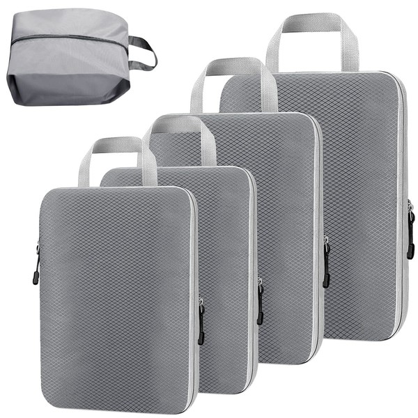 Gzvxuny Compression Packing Cubes for Suitcase, Extensible Suitcase Organiser Bags, 5PCS Waterproof Travel Cubes Organiser Packing Bags Luggage Organiser Bags, Packing Cubes for Travel (Grey)