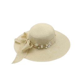 Verdusa Women's Scalloped Wide Brim Straw Sun Hats Boho Beaded Beach Hat Apricot Beaded One-Size