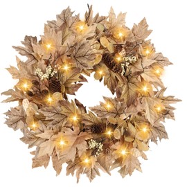 22 Inch Fall Wreaths for Front Door Outside Timer Function Pinecones Berries Autumn Fall Wreaths with 30 Warm Lights Home Porch Door Yard Harvest Mantle Window Decor