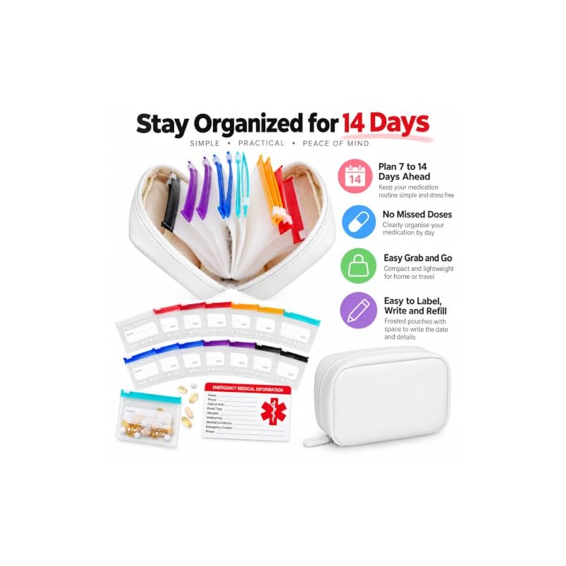 Waterproof Travel Pill Organizer,14 Pouches&Medical Information Card White