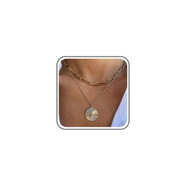 Yheakne Vintage Layered Disc Coin Necklace Textured Coin Pendant Necklace Gold Paperclip Chain Necklace Hammered Disc Choker Necklace Jewelry for Women