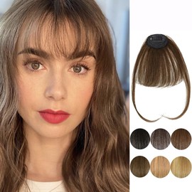 Clip In Bangs Brown Human Hair Bangs Clip In Hair Extension, Brown Human Hair Bangs For Women Fake Air Bangs Fringe With Temples Bangs Hair Clips On Wispy Bangs Curved Bangs For Daily Wear