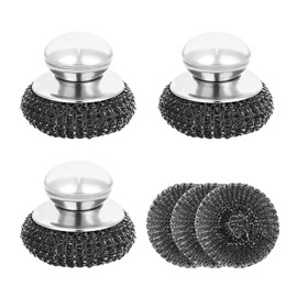 6Pcs Steel Wool Scrubber, Stainless Steel Scrubber with Handle for Cleaning Kitchen and Household Stubborn Messes from Stoves Pans Pots Grill Sink with Replacement Wire Brush Set (3 Pcs+3 Replacement)