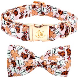 Elegant Little Tail Christmas Dog Collar - Gingerbread Man Print With Bow, Pink Cute Winter Puppy Collar, Adjustable for Medium Dogs
