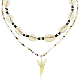 Aswitnove 2 Pcs Puka Shell Necklace Shark Tooth Necklace for Men Women Coconut Beaded Necklaces Adjustable Hawaiian Beach Surfer Necklaces Summer Holiday Beach Jewelry for Tropical Vacation Outfits BK