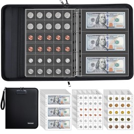 Coin Collection Album for Collectors with Lock, 400 Pockets Fireproof Coin Holder Book & 36 Paper Currency Binder Sleeves, Coin Storage Collecting Organizer for Pennies,Bill,Tokens,Badges