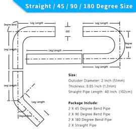 FGJQEFG 2 Inch DIY Custom Mandrel Exhaust Pipe Tube Pipe, 40 Inch Straight Pipe, 2''OD Straight & Mandrel Bend Pipe(45/90/180 Degree) Kits, T304 Stainless Steel, Universal Fitment - 8PCS