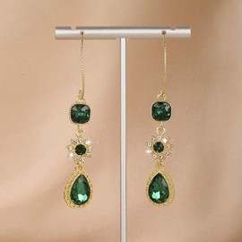Wendalern Emerald Drop Earrings Simulated Emerald Green Crystal Dangle Earrings CZ Flower Dangle Earrings Long Tassel Emerald Hook Earrings Jewellery for Women Girls, Zinc, No Gemstone