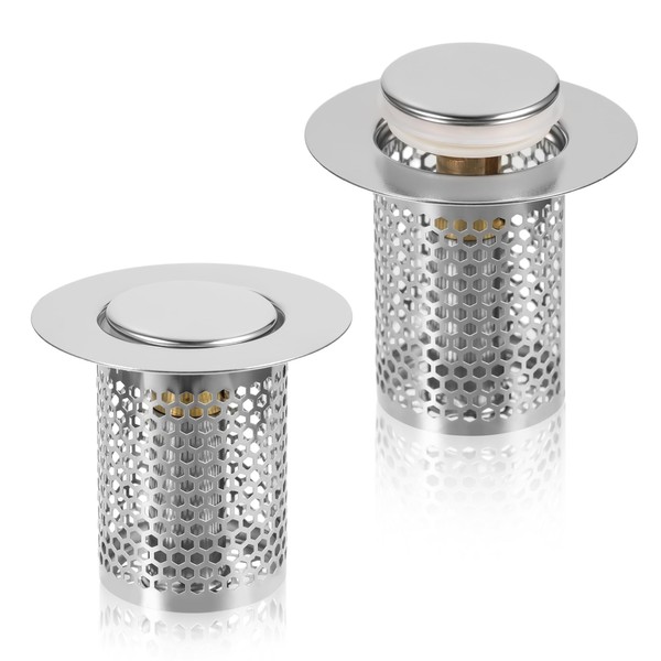 Pack of 2 33 x 50 mm Drain Strainer, Sink Strainer with Push Type Rebound Core Made of Brass, Pop Up Drain Plug Sink with Hair Strainer, Stainless Steel Sink Drain Strainer for Kitchens, Bathroom and