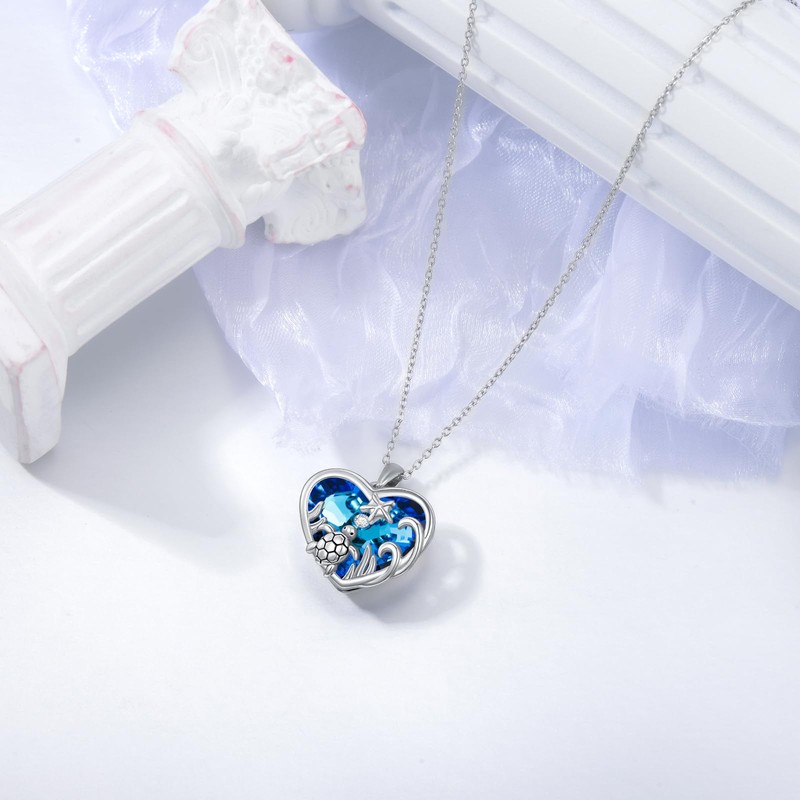 VONALA Heart Crystal Turtle Pendant Necklace Women's Silver 925 Sea