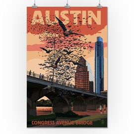 Austin, Texas - Bats and Congress Avenue Bridge (24x36 Giclee Gallery Print, Wall Decor Travel Poster)