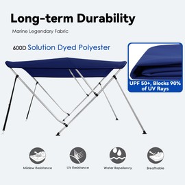Deckpro Waterproof Boat Bimini Top Cover, 600D Solution Dyed Polyester Fabric Canvas Sun Shade Boat Canopy - 1" Double Wall Aluminum Frame Tube, 2 Straps 2 Rear Support Poles, Storage Boot