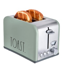 Rae Dunn Toaster, Stainless Steel 2 Slice Square Toaster, Wide Slot with 5 Browning Levels, with Bagel, Defrost and Cancel Options (Sage)