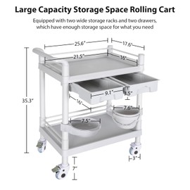 Enocreay Medical Mobile Trolley Cart 2-Shelf 220 LBS Max Load Rolling Utility Cart Heavy Duty Beauty Salon Storage Cart with Drawers Dirt Buckets Rotate Wheels 2 Brake for Hospital Dental Clinic Home