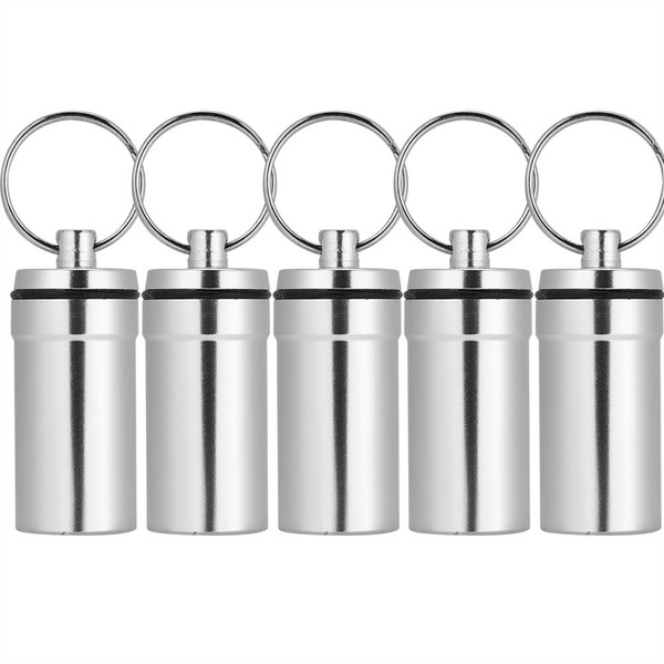 VGEBY 1pc/5pcs Pill Box, Waterproof Aluminum Alloy Climbing Medicine Pill Box Case Bottle Container Keychain(Silver-5pcs) Outdoor Dining Tableware Pill Holder Keychain