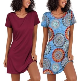 Ekouaer Ladies Nighties Nightshirts for Women Short Sleeve Nightie Comfortable Sleepwear Cotton Nightdress Nighties Multipack, Blue Boho+Maroon, XXL