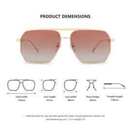YUELUQU Polarized Retro Oversized Square Sunglasses for Women Men Vintage Shades UV400 Classic Large Metal Frame (Gold grey-pink)