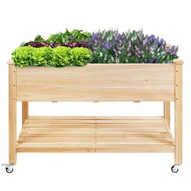 COSTWAY Raised Garden Bed with Wheels, Wood Planter Box with Storage Shelf for Vegetables, Flowers & Herbs, Elevated Garden Planter Bed for Backyard, Patio, Balcony, 47.5”L x 23.5”W x 33”H