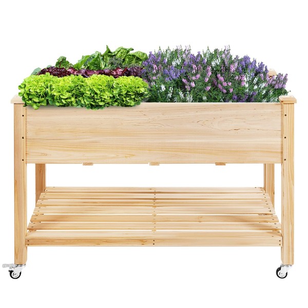 COSTWAY Raised Garden Bed with Wheels, Wood Planter Box with
