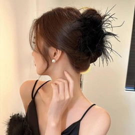 Black Feather Hair Clip Ostrich Fluffy Clips Ponytail Clamps Shark Clip for Women Daily Dress Up Valentine's Day Carnival Birthday Hairpin Hair Accessories