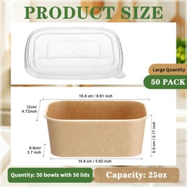 Maxdot 50 Pack Disposable Kraft Paper Bowls with PP Lids Rectangle Paper Food Containers for Lunch Meal Prep,Salad,Ice Cream,Yogurt,Soup Bowls Party Supplies(Brown,25 oz)