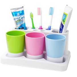 ENJOYPRO Toothbrush Holder 5 Hole Toothpaste Stand Bathroom Organizer with 3 Rinse Cups for Family Set