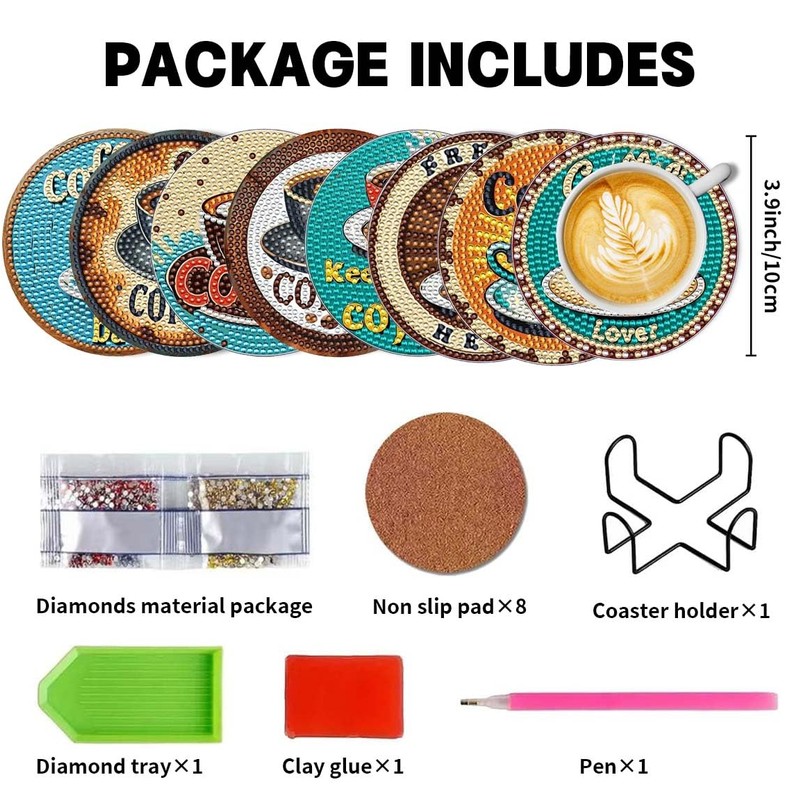 8 Pcs 5D DIY Coffee Diamond Paintings Coasters with Holder