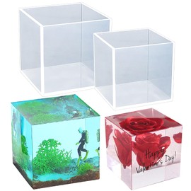 Voaesdk 2Pcs Large Cube Resin Molds, 4'' & 3'' Clear Silicone Cube Molds, Resin Flower Preservation Kit, Transparent Deep Square Epoxy Resin Molds with Wooden Support for DIY Craft Home Decor